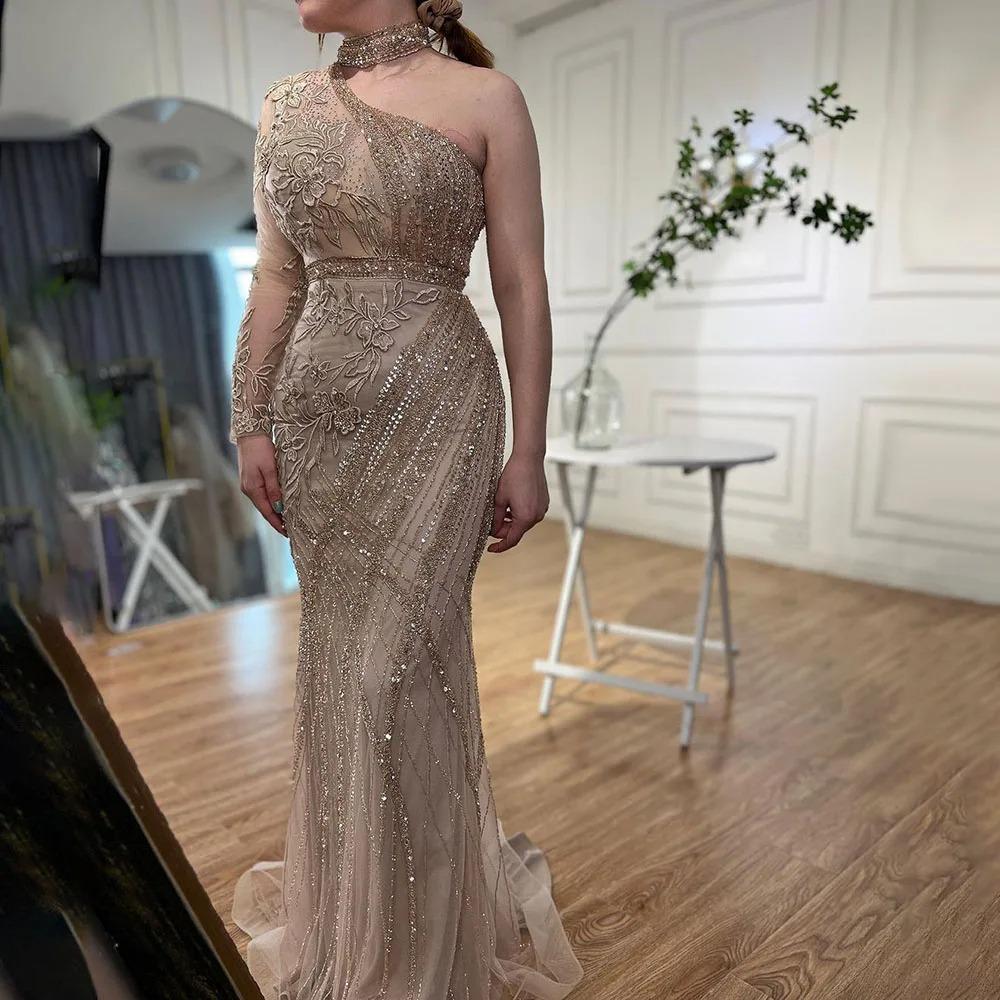 Export water green handmade beads single shoulder long sleeve fishtail host solo performance evening dress LA11011