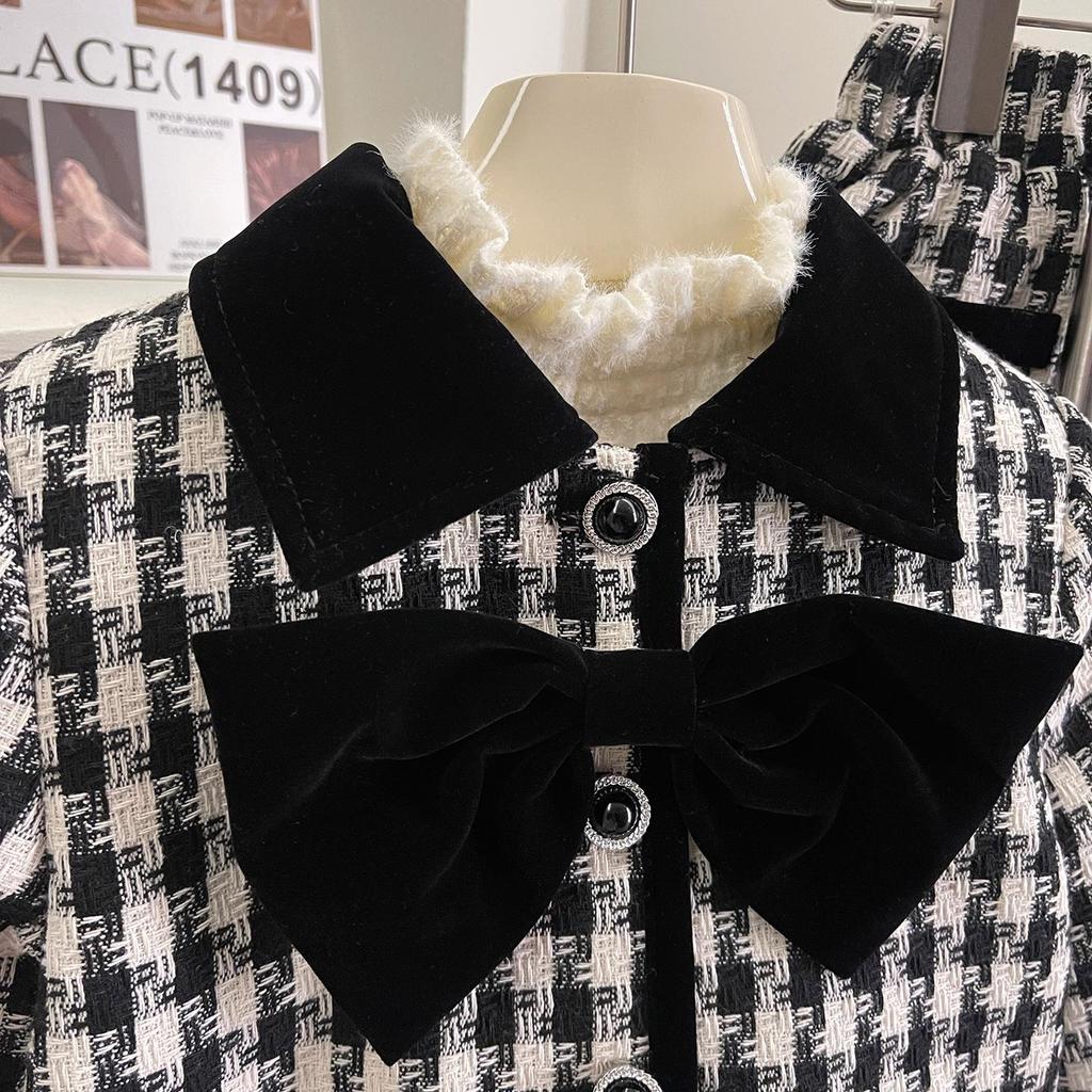 Set Jachetă și Fustă în Carouri cu Fundă pentru Copii - Toamnă/Iarnă Stil Coco