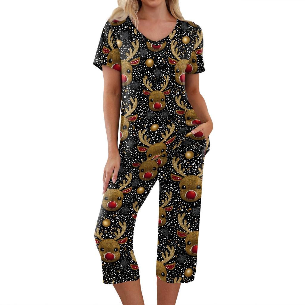 Women's Casual Christmas Print Two Piece Athletic Set Short Sleeve Top and Pants