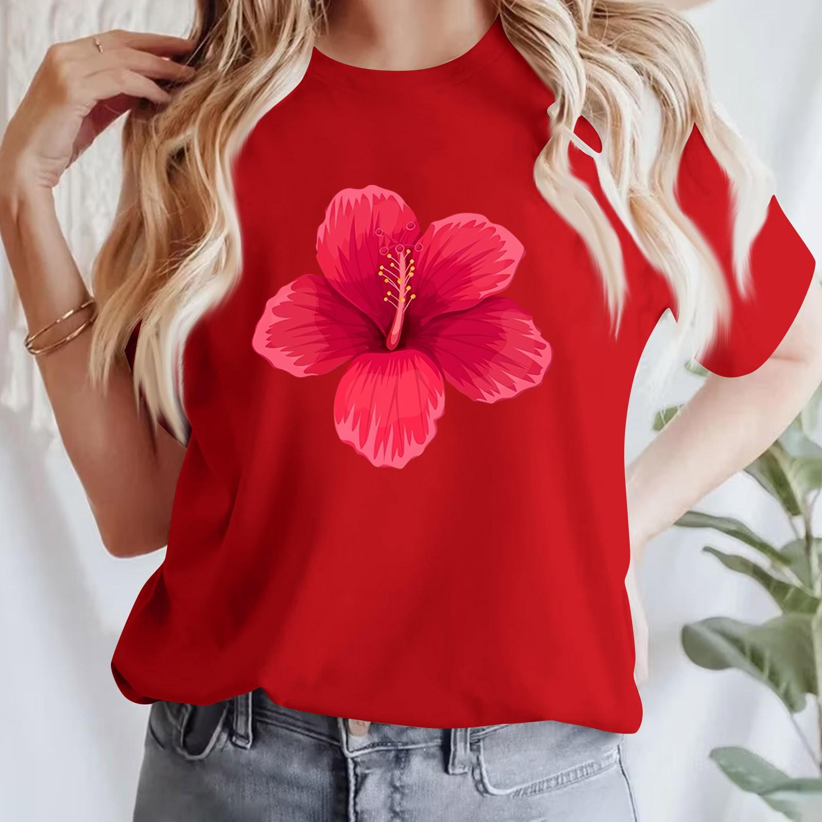 

Жіноча повсякденна футболка з принтом і круглим вирізом, пуловер з короткими рукавами M червоний