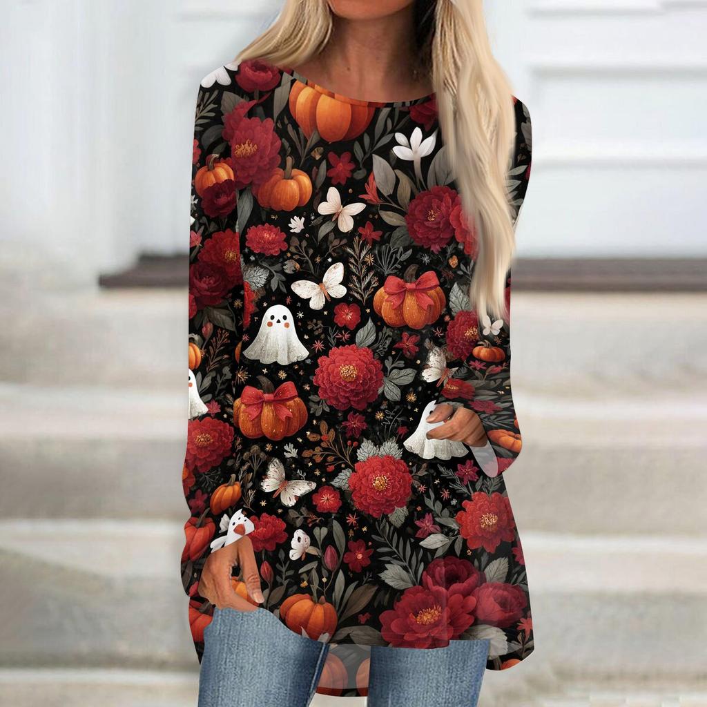Women's Long Sleeve Round Neck Halloween Print Tunic T-Shirt for Casual Fall Fashion