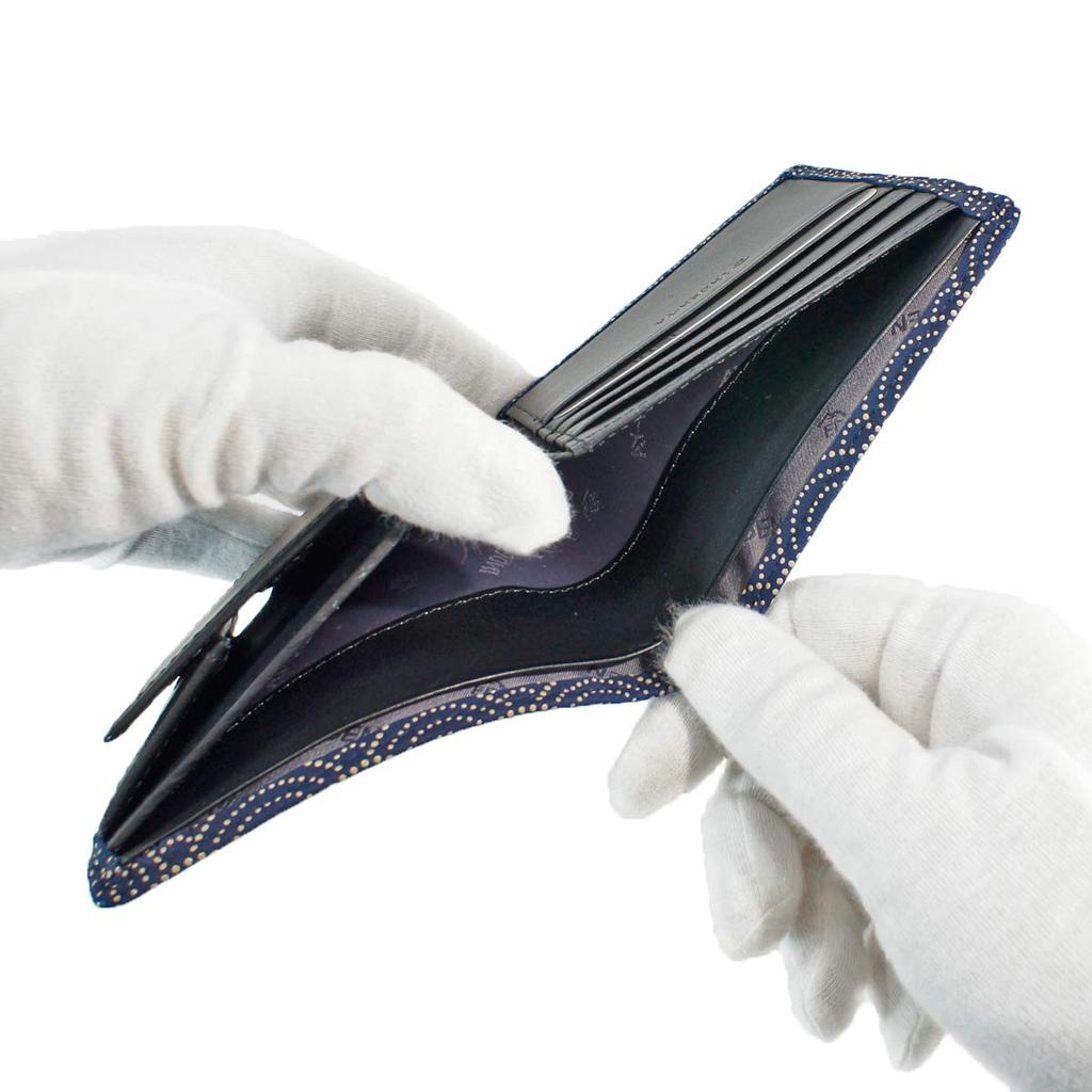 [Inden-ya] Inden Bifold Wallet with Small Bill Compartment and Box-Shaped Coin Purse, Deerskin Leather, Navy Blue with White Lacquer, Seigaiha