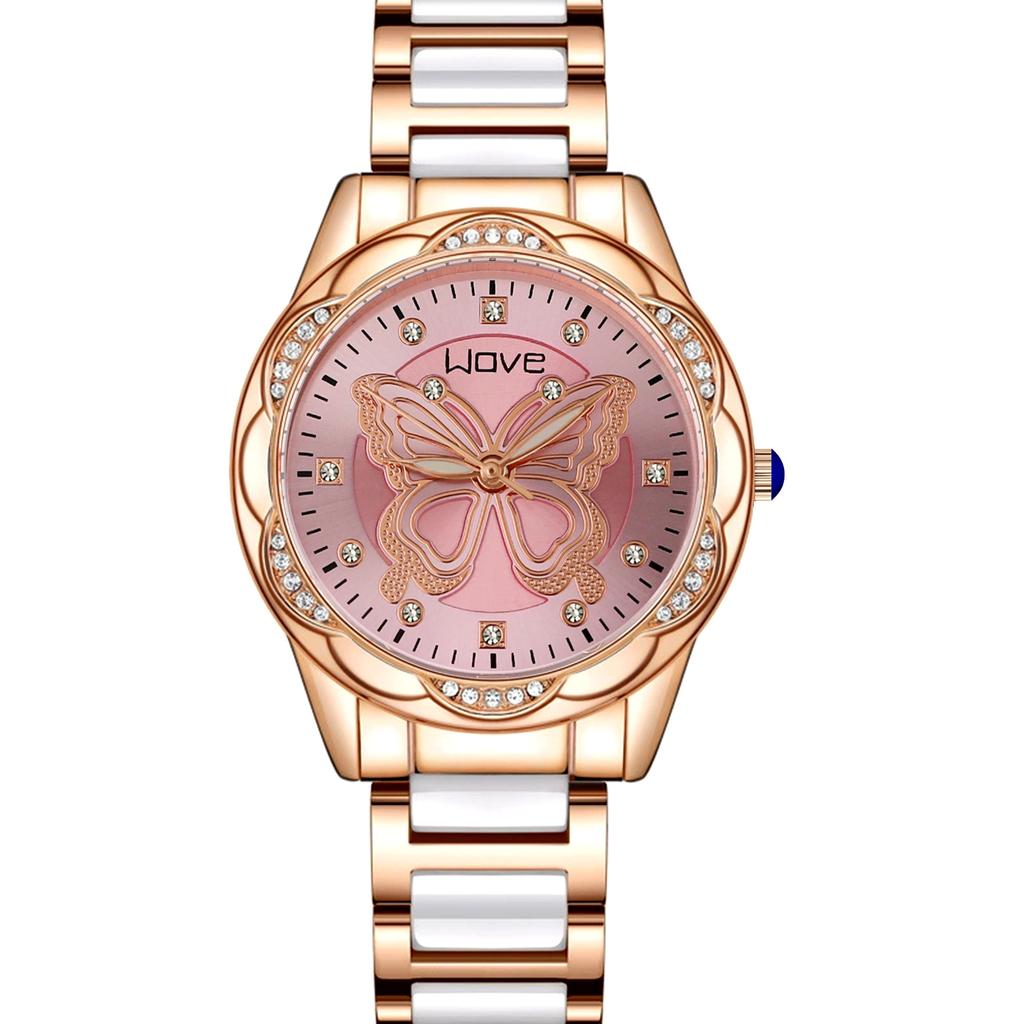 Women Quartz Watch Simulation Ceramic Rhinestone Butterfly Wristwatch