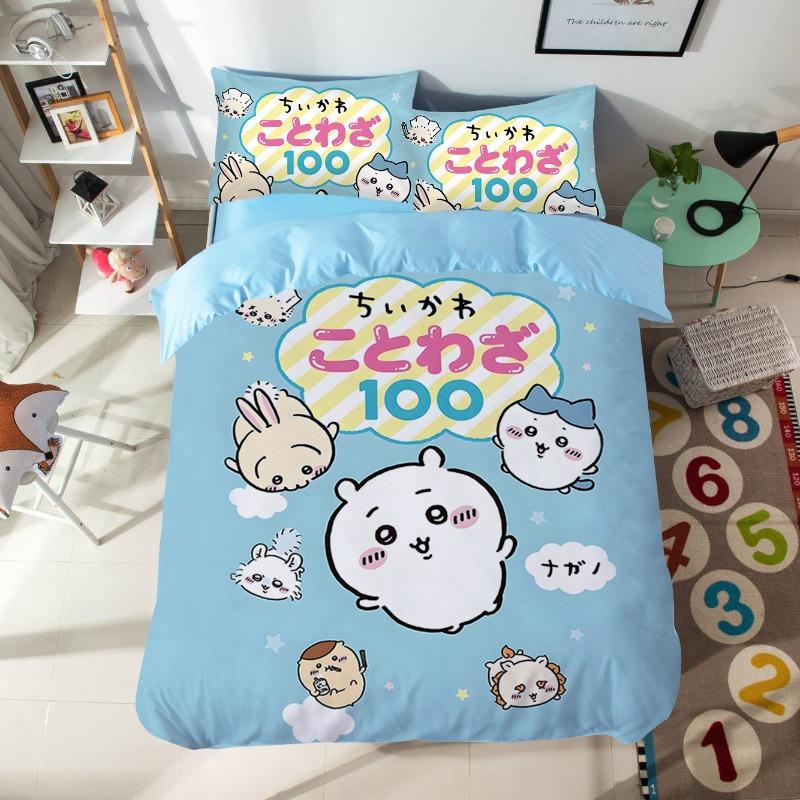 Cartoon Chiikawas Cute Themed Bedding Set Colorful Print Polyester Student Dormitory Bed Sheet Quilt Cover Kid Gift Home Textile