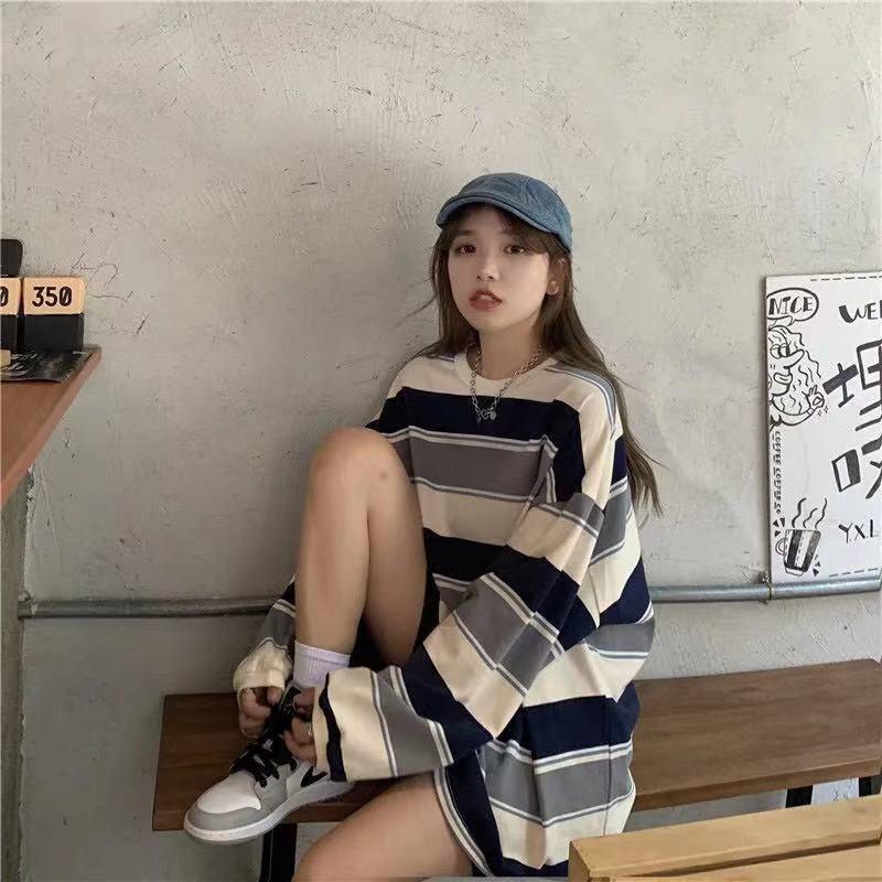 Tricou cu mânecă lungă cu dungi curcubeu pentru femei - Toamnă Coreean Lejer 2022