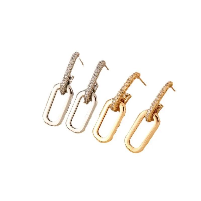 Temperament Two Section Double Link Dangle Earrings for Women Korean Charm Geometry silver Stainless Steel Stud Jewelry