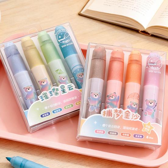4Pcs Cute Bear Glitter Highlighter Set Large Capacity Pastel Markers for Journaling Notes Smooth Quick-Dry Fun School Supplies for Kids Students