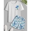 Men's tropical coconut print casual short-sleeved T-shirt and drawstring beach shorts