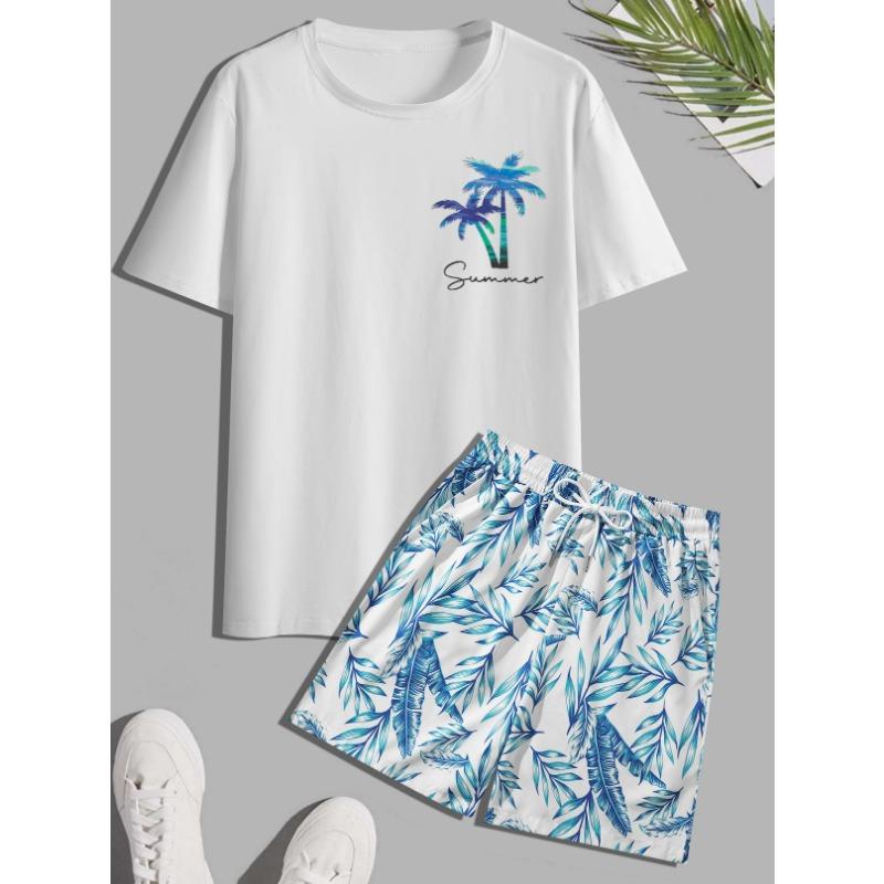 

Men s tropical coconut print casual short-sleeved T-shirt and drawstring beach shorts S