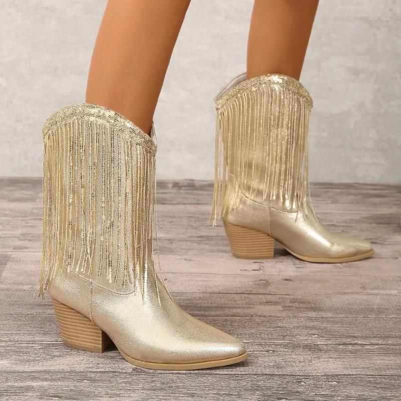 Fashion Shoes for Women 2025 Fringed Sequin Design Fashion Women's Boots Comfortable Square Heel Modern Boots New Gold Platform Boots