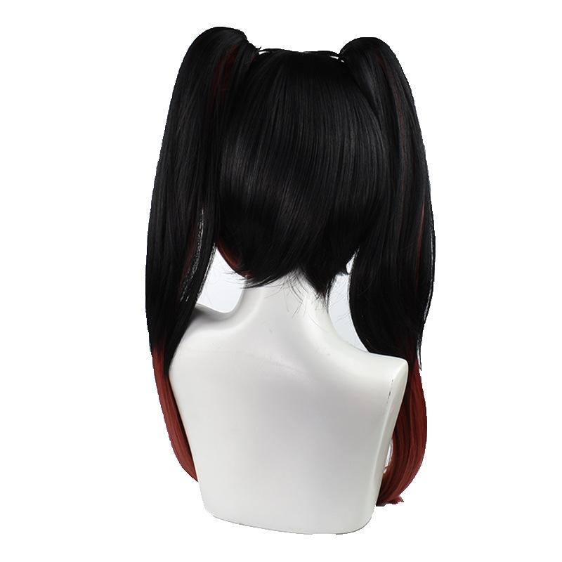 31" Black to Red Ombre Curly Twin-Tails Cosplay Wig – Pre-Styled Side Bangs Synthetic Hairpiece with Claw Clips for Dark Fantasy Anime Conventions