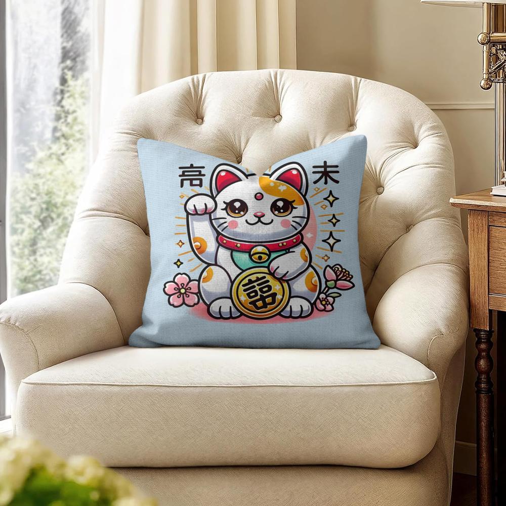 Lucky Cats Cartoon Cushion Cover Natural Linen Organic Fabric Double-Sided Printing Sofa Home Decor Gift Pillow Cover
