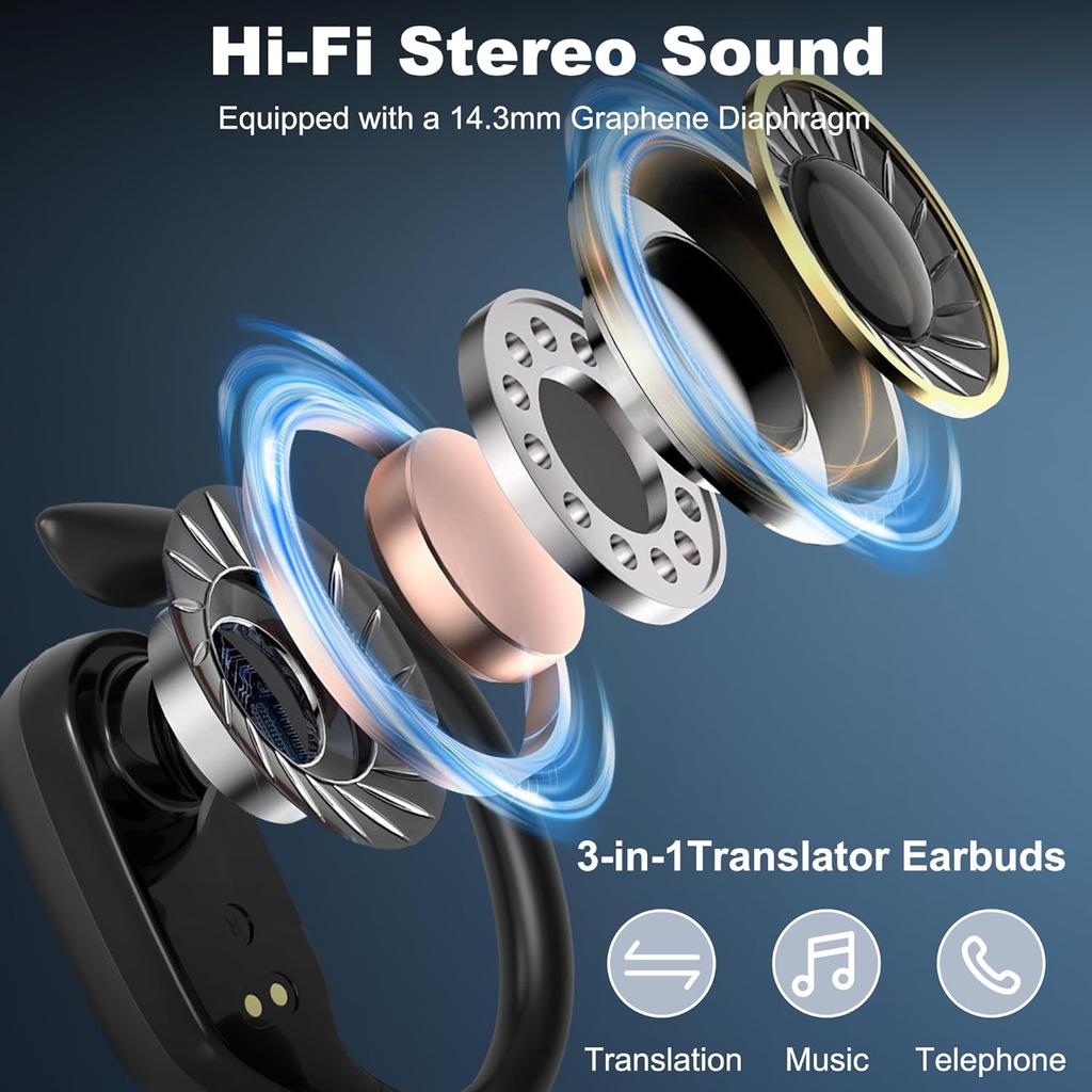 Language Translation Earbuds, 3-in-1 AI Real Time Translator Earbuds,Compatible with iOS & Android, Ideal for Travel, Work & Study-Black