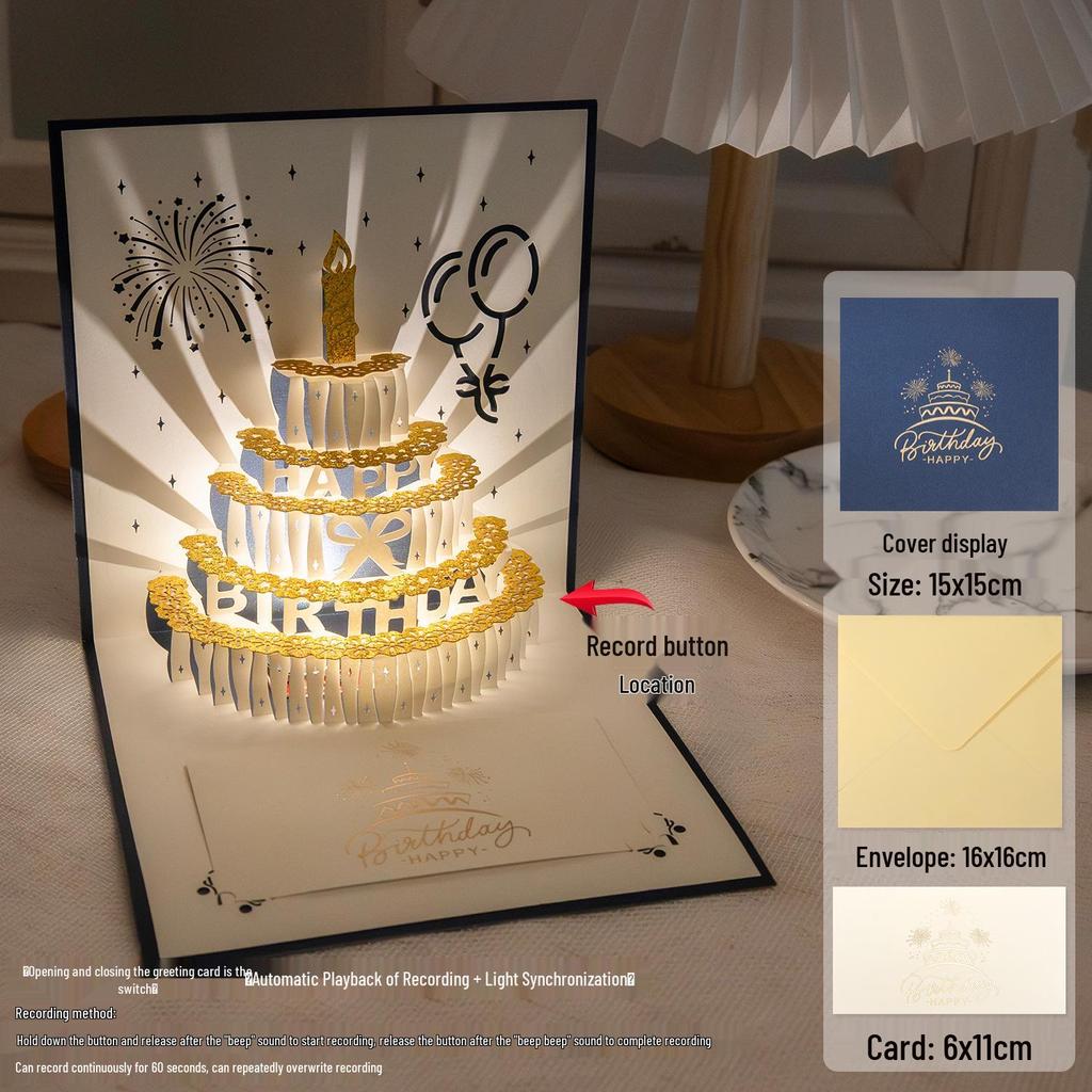 3D Pop-Up Birthday Sound Card with Recording Light - Cake Design for Boyfriend/Girlfriend Gift