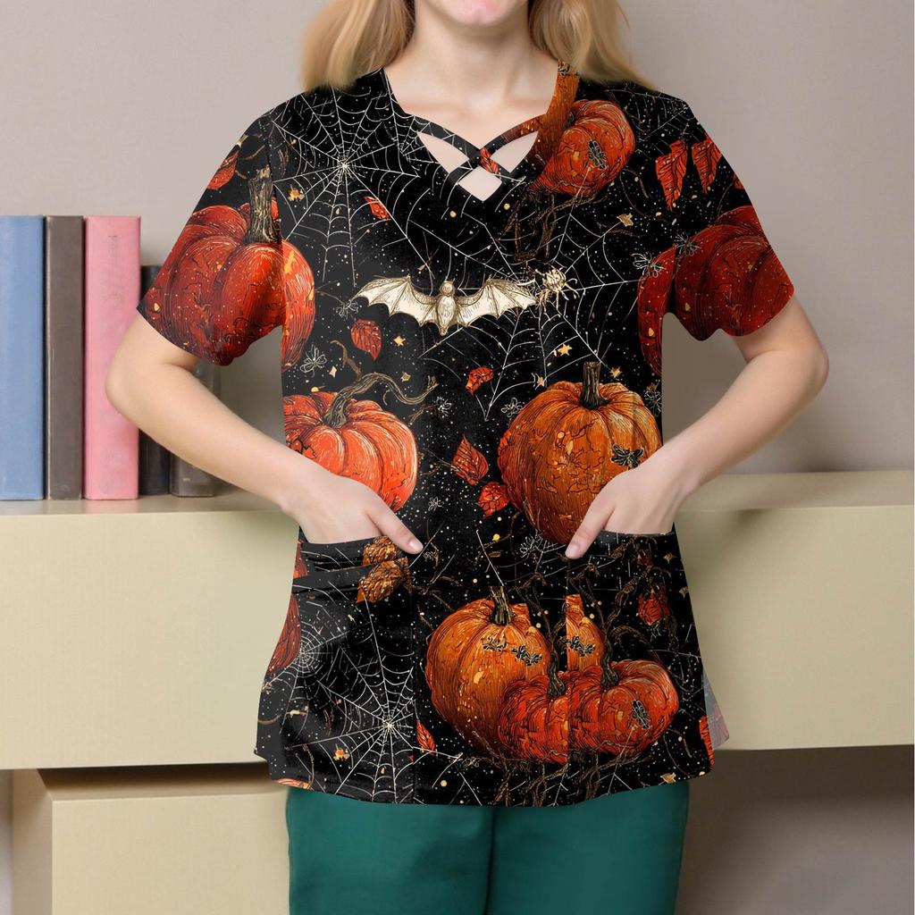 Damska Moda Kombinezon z Dekoltem V na Zakładkę Krótki Rękaw Podwójne Kieszenie Halloween Nadrukowane Bluzki Mundurki
