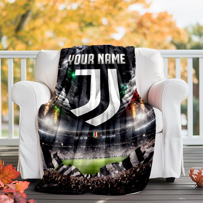 1pc Personalized Name Juventus Theme Blanket - Digital Print, Polyester, Cozy for All Seasons, Perfect for Outdoor, and Travel
