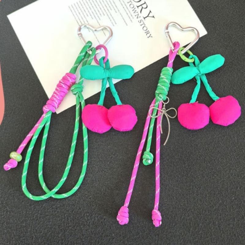 Fabric Cherry Detachable Heart-Shaped Beaded Keychain Mobile Phone Chain Anti-Loss Lanyard