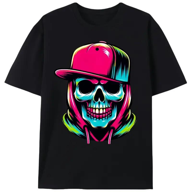 Y2K Neon Graffiti Skull T-Shirt, Men s Unisex Streetwear Graphic Tee S разноцветный