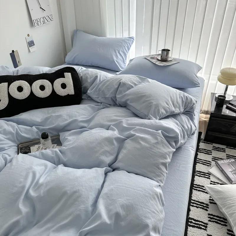 Washed Cotton Bed Linen Bedding Set 3/4 Pieces Bed Sheets Set Solid Color Comforter Cover Couple Queen King Size Bed Quilt Cover