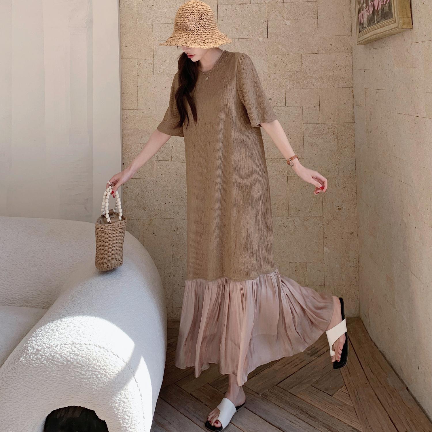 

DIMANAF 2025 Summer Plus Size Dress Women Casual Vintage Short Sleeve Solid Long Pleated Dress Loose Basic Dress 2XL коричневый