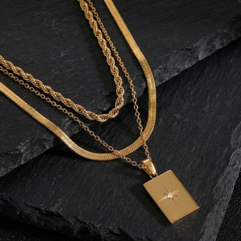 Stainless Steel Three Layer Pendant Necklace Square Star Minimalist Jewelry