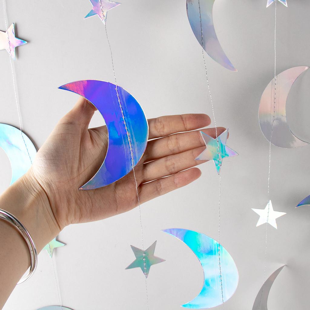 4M Laser Silver Moon Star Garland Home Room Hanging Ornaments Wedding Birthday Party Decoration Banner Baby Shower Supplies