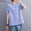 Women Casual Round Neck Grid Print Summer Short Sleeve Blouse