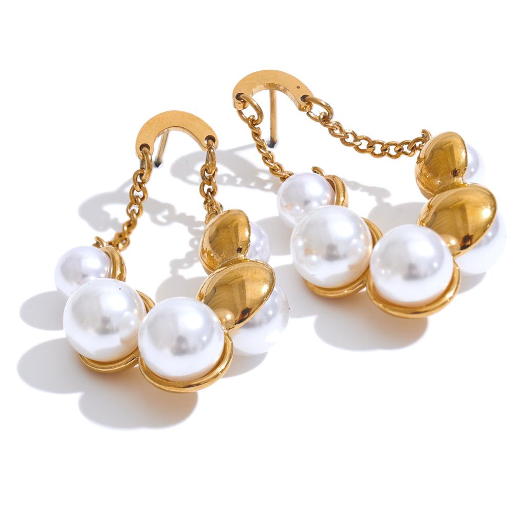 Yhpup Elegante Imitationsperlen Geometrische Kette Hängeohrringe für Damen Edelstahl Exquisiter Täglicher Schmuck Bijoux Geschenk