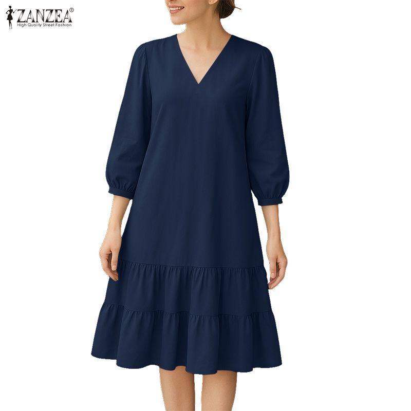 ZANZEA Women Casual V-Neck Solid Color 3/4 Sleeve Loose Dress