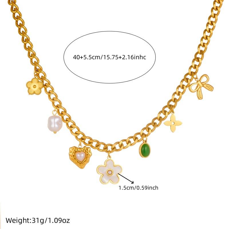 Gold Cuban Chain Charm Necklace, Pearl Flower Bow Pendant Necklace, Boho Chunky Jewelry for Women Daily Wear Gift