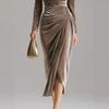 European and American Women's Clothing, Casual Velvet Sexy New Long-sleeved, Thin Pleated Long Split Hip-wrapped Dress