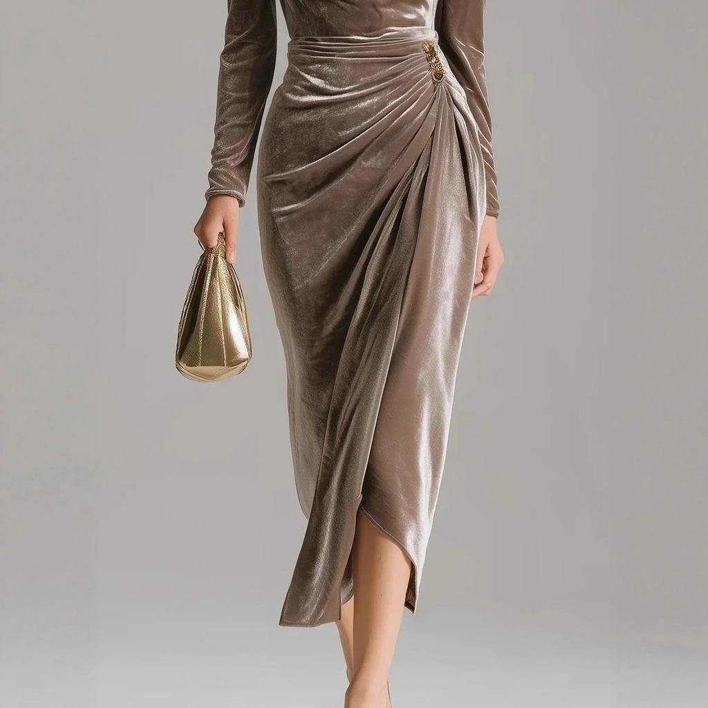 European and American Women's Clothing, Casual Velvet Sexy New Long-sleeved, Thin Pleated Long Split Hip-wrapped Dress
