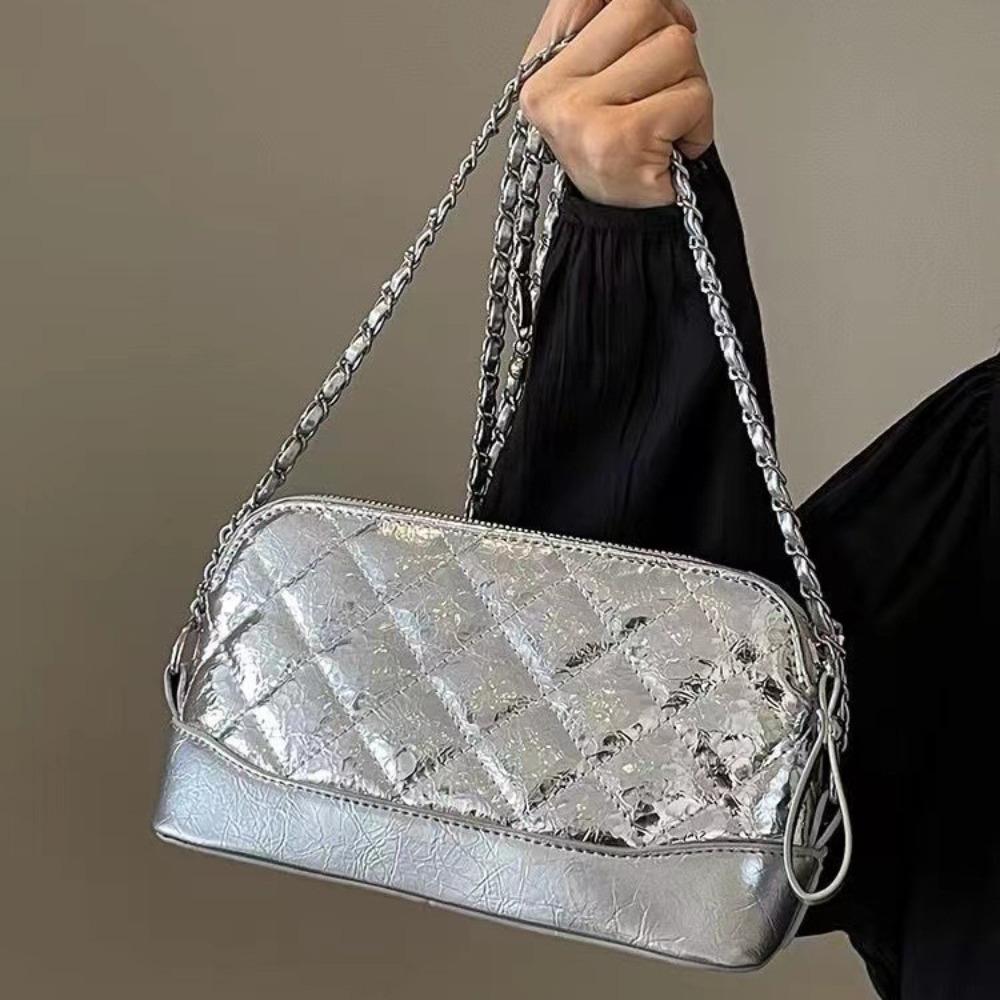 Schoolbag Women's Silver Bursting Fragrance Double-Layer Hobo Bag Diamond Lattice Embroidery Thread Casual Simple Commuting Classic Casual Chain Crossbody Bag
