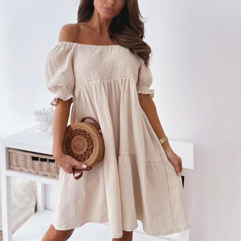 Sexy Slash Neck Casual Dress Women Summer Pleated Puff Sleeve Backless Party Beach Dresses Ladies Elegant Solid Knee-Length Dress Robe