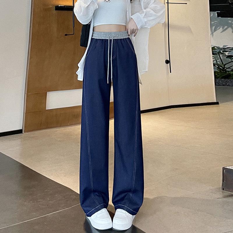 

Plus Size Women s Dark Blue Wide Leg Jeans with Contrast Stitch & Drawstring High Waist L темно-синий