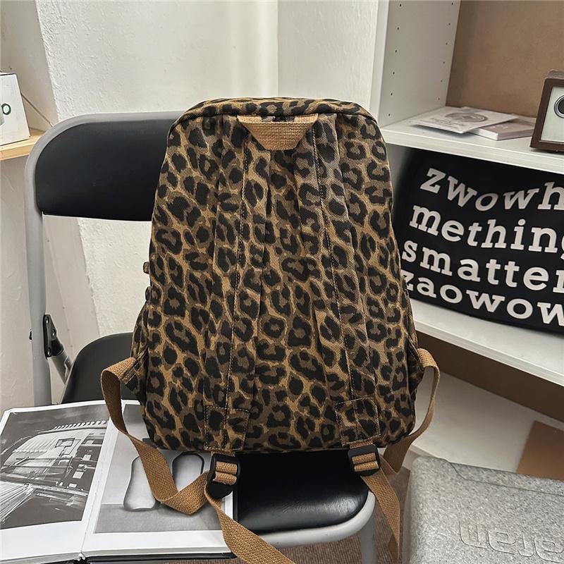 Leopard Print Canvas Fashion Backpack for Women, Casual School Travel Bag with Detachable Shoulder Straps