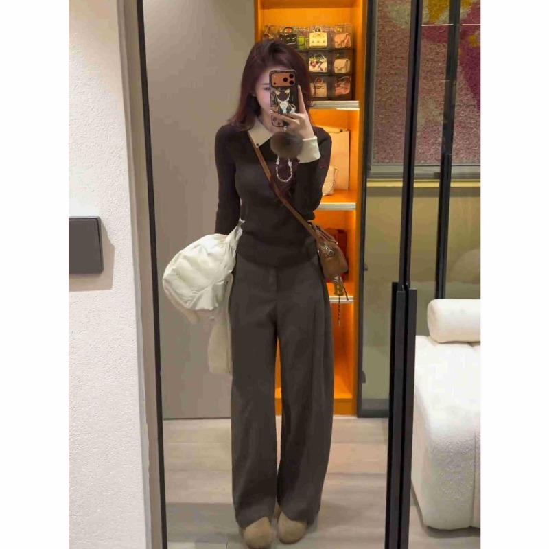 olo lapel contrasting color knitted sweater women's autumn and winter new slim-fitting front shoulder soft waxy long-sleeved inner top sweater