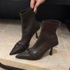 French pointed metal square buckle decorative high-heeled short boots autumn and winter thin simple zipper women's commuter elastic bare boots
