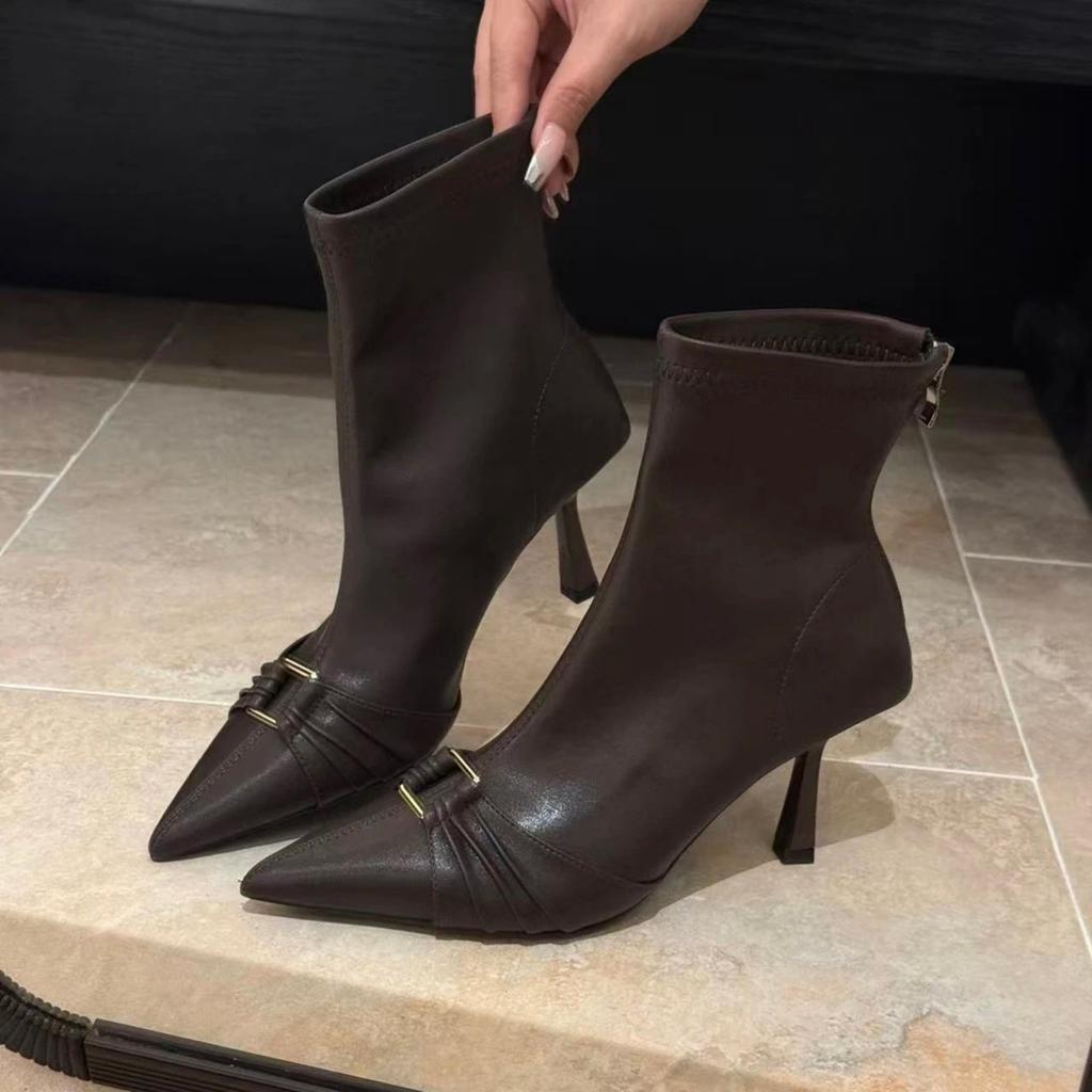 French pointed metal square buckle decorative high-heeled short boots autumn and winter thin simple zipper women's commuter elastic bare boots