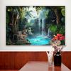 1pc Dreamy Forest Mural with Leopards, Polyester Fiber, Jungle Waterfall Scenery, Living Room and Bedroom Decoration