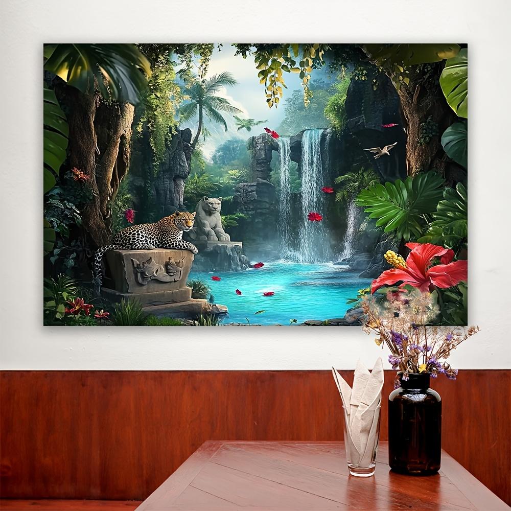 1pc Dreamy Forest Mural with Leopards, Polyester Fiber, Jungle Waterfall Scenery, Living Room and Bedroom Decoration