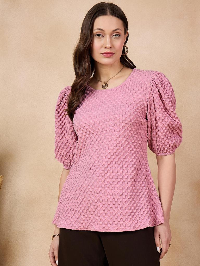 Pink Self Design Puff Sleeve Puff Sleeve Top