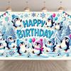 Fondo de Feliz Cumpleaños de Pingüino Lindo 2D, Pancarta Decorativa para Fiesta Invernal de Nieve