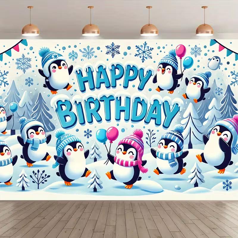 Fondo de Feliz Cumpleaños de Pingüino Lindo 2D, Pancarta Decorativa para Fiesta Invernal de Nieve