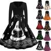 Women's Casual Halloween Dress V Neck Long Sleeve Retro Style Vintage Ghost Print Midi Dress with Waist Tie for Daily Wear
