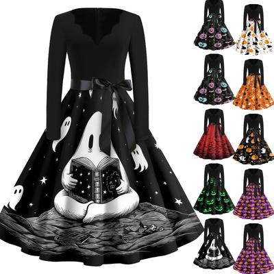 Damen Lässiges Halloween-Kleid V-Ausschnitt Langarm Retro-Stil Vintage Geisterdruck Midi-Kleid mit Taillengürtel für den täglichen Gebrauch