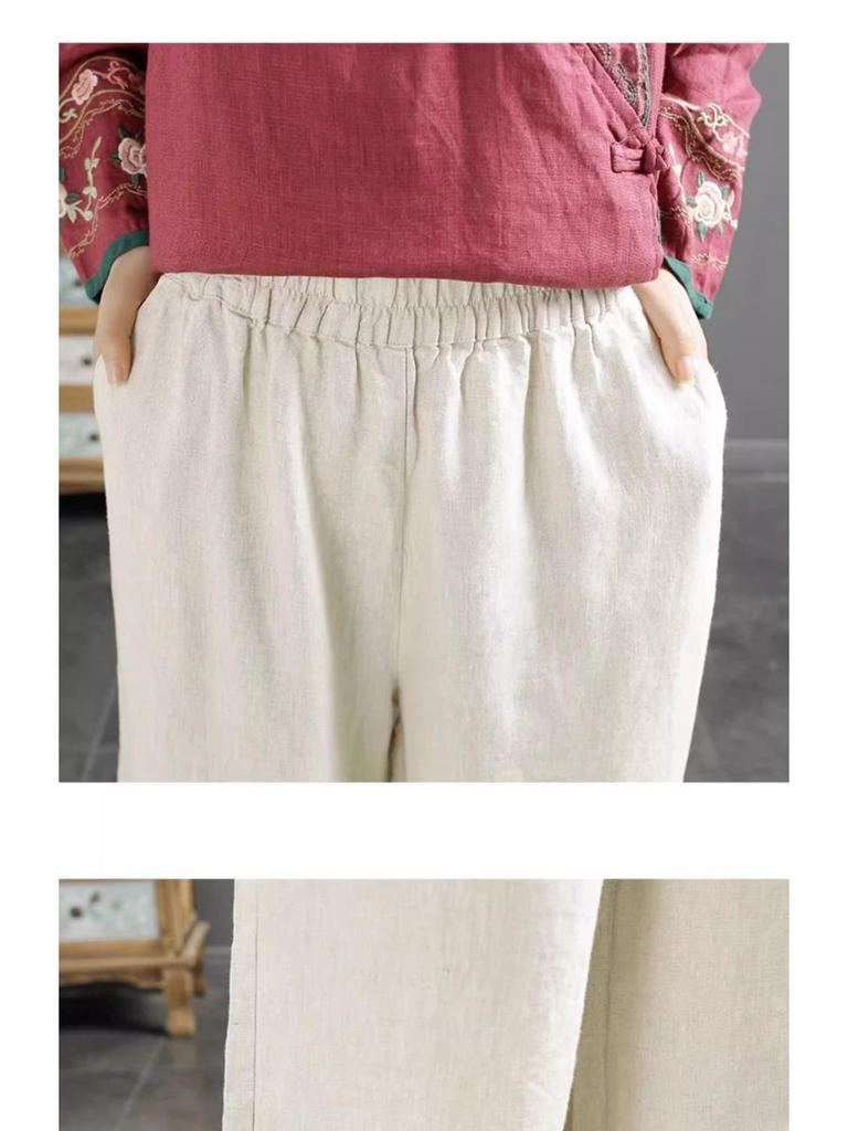 Tide Women's Spring Elastic Waist Cotton Linen Straight Leg Pants with Retro Embroidery