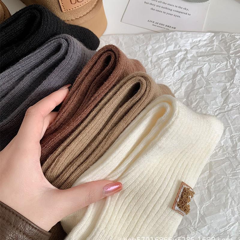 Women's Black & White Mid-Calf Wool Socks with Leather Label - Autumn/Winter Trendy Style