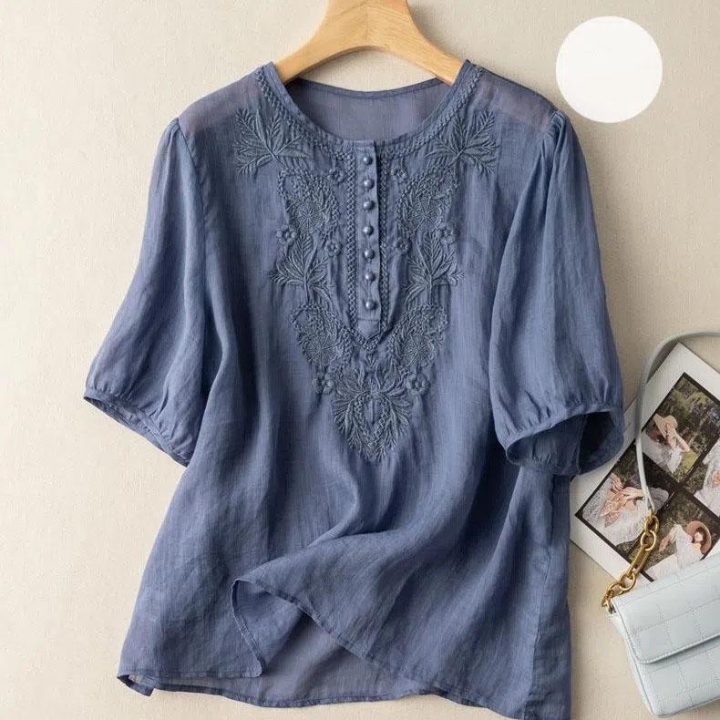 Damen Chinesischer Stil Aprikosenfarben Floraler Druck O-Ausschnitt Kurzarm T-Shirt Damen Bluse Hemd Koreanische Mode Damenbekleidung Oberteile
