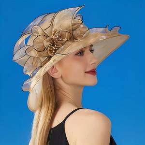 Elegant Plain-Color Large Flower Sunshade Hat for Ladies Graceful Lady's Sun Hat with Wide Brim for UV Protection